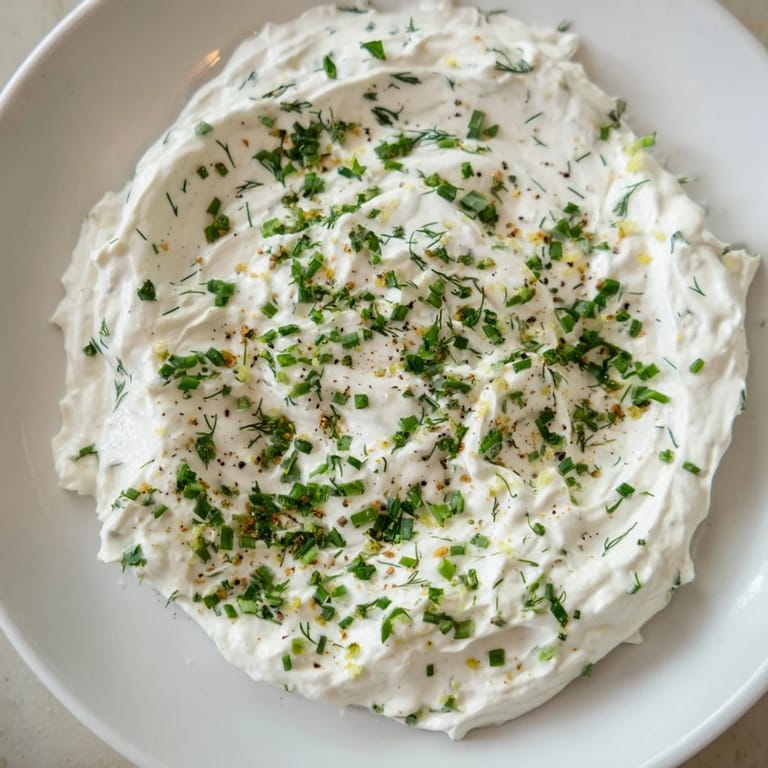 A bowl of fresh Greek Yogurt Herb Dip, perfectly seasoned, ready for serving with chips.