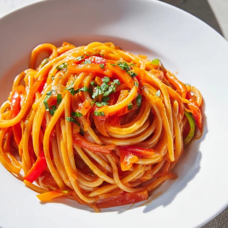 Smooth, blended Veggie-Loaded Tomato Pasta Sauce, perfect for drizzling over your favorite pasta shapes.