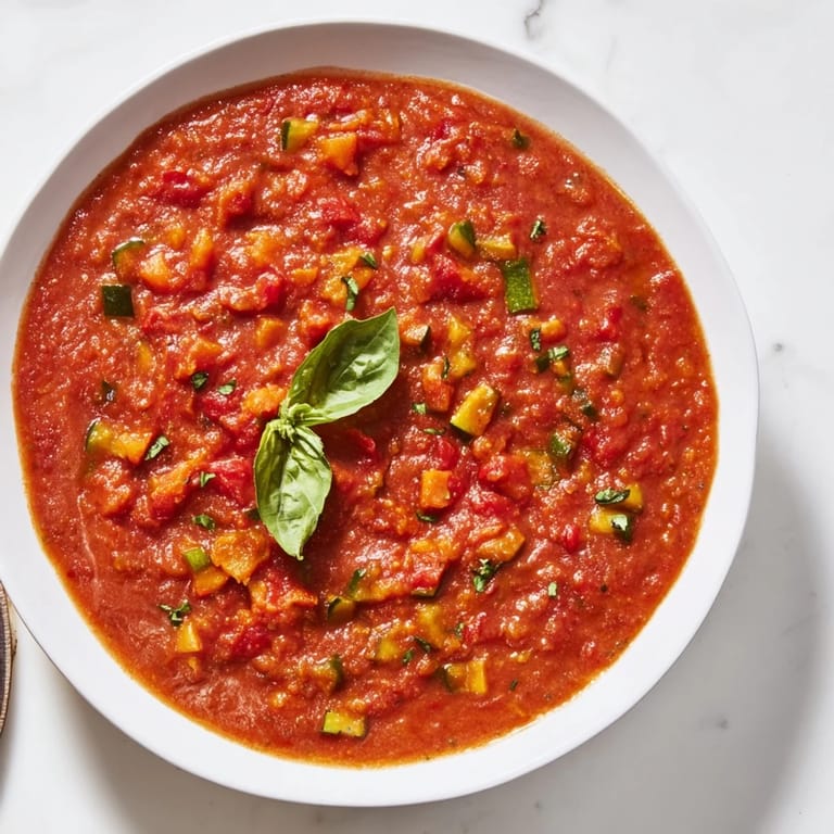 Rich red Veggie-Loaded Tomato Pasta Sauce steaming in a pan, infused with fresh herbs and spices.