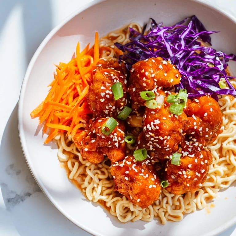 Golden-brown Buffalo Cauliflower Ramen, imagine the spicy aroma of hot sauce over creamy ramen broth.