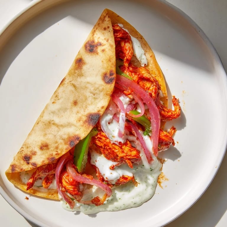 Crispy tortilla showcasing a delicious Tandoori Chicken Quesadilla, sliced and ready to eat.