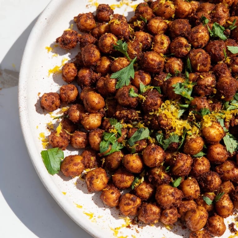 Spicy and aromatic Harissa Chickpea Roast fresh from the oven, offering a delightful crunchy texture.