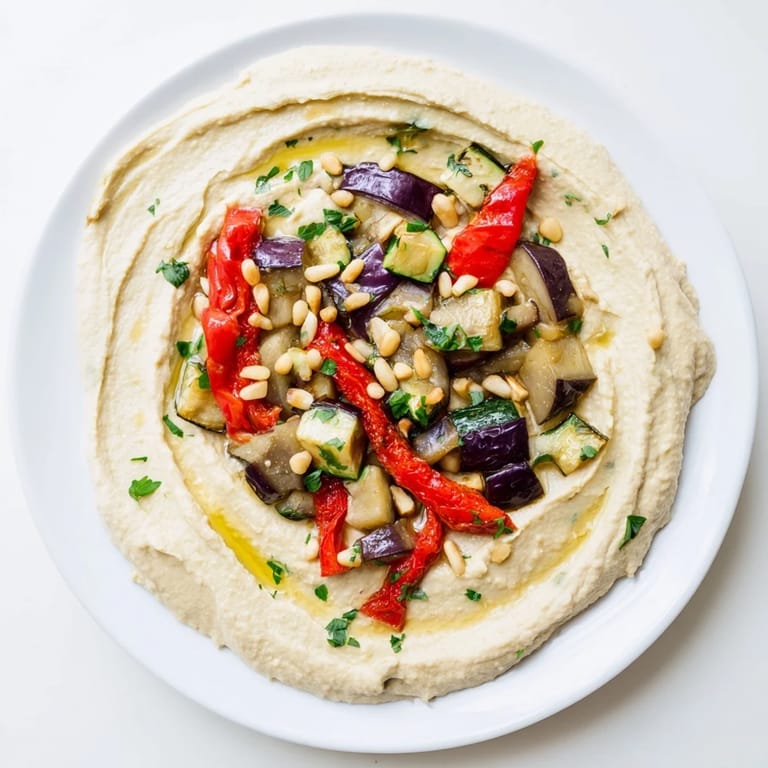 Vibrant Hummus Roasted Veggies with toasted pine nuts, a delightful appetizer, ready to serve with warm pita.