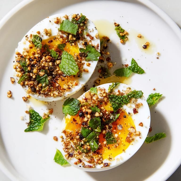 These Dukkah-Spiced Eggs feature perfectly cooked eggs drizzled with olive oil and aromatic spice for brunch.