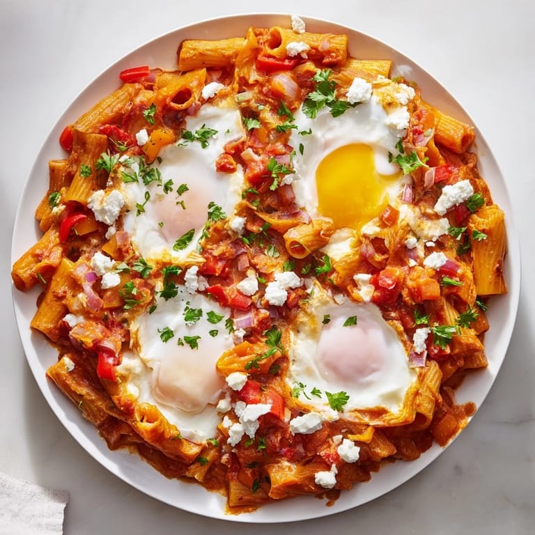 Imagine the aroma: flavorful Shakshuka Baked Pasta with baked eggs, a delightful vegetarian main.