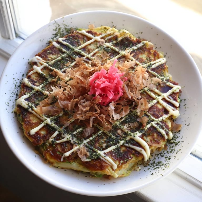 Savory Japanese Okonomiyaki Pancakes topped with bonito flakes dancing over hot cabbage pancakes.