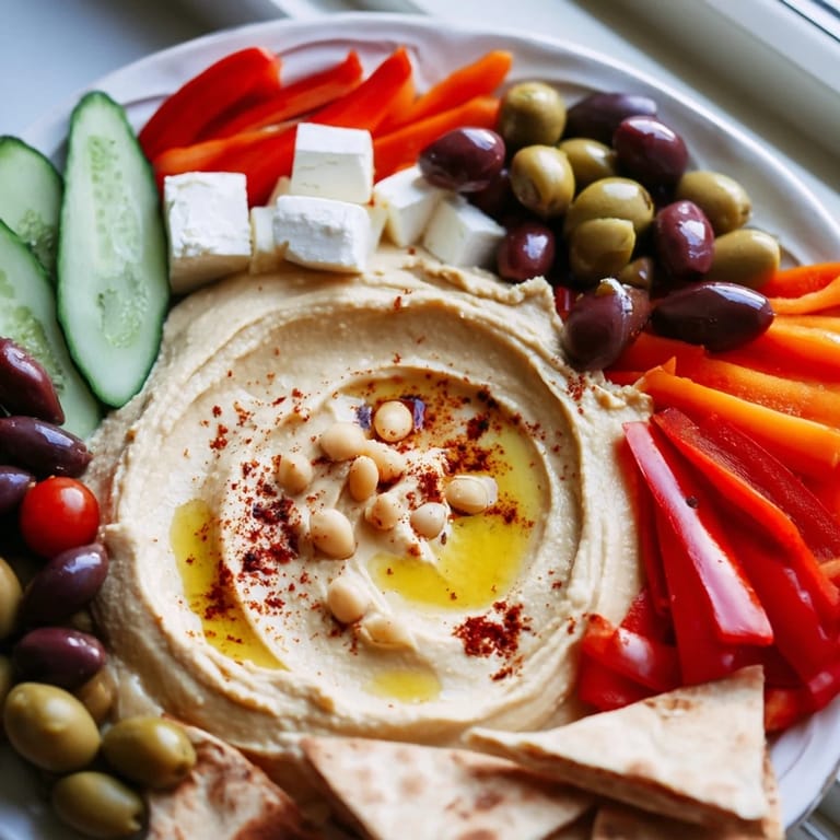 This Middle Eastern Mezze Platter showcases golden hummus, marinated olives, fresh cucumbers, and tomatoes arranged for a festive gathering.