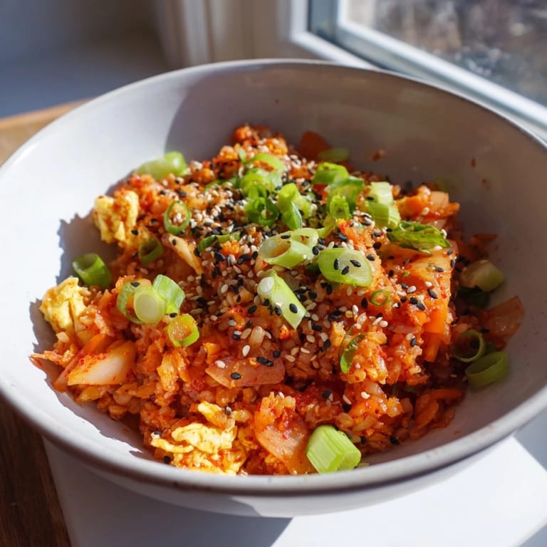 Platter of Spicy Kimchi Fried Rice topped with toasted sesame seeds, fresh scallions, and roasted seaweed strips served with chopsticks.