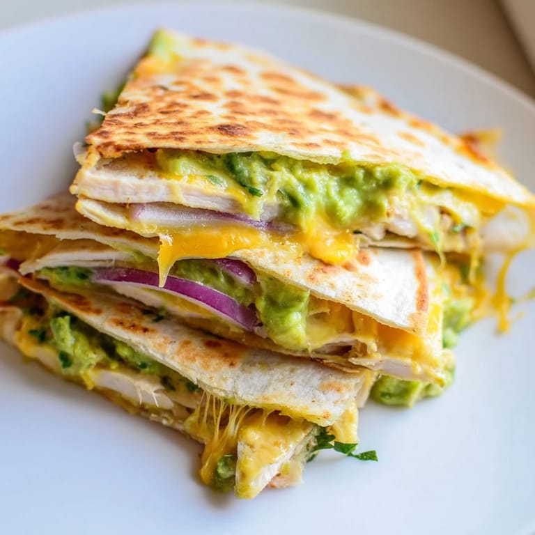 Sizzling Chicken Avocado Quesadilla just off the skillet, showing gooey cheese and sliced chicken inside.