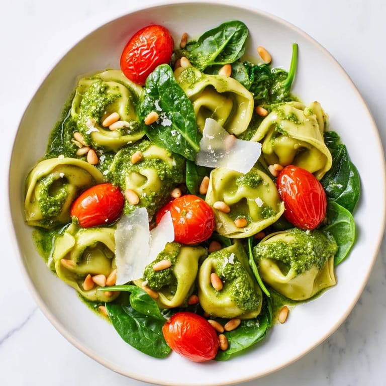Chilled Pesto Tortellini Salad served in a rustic bowl, featuring vibrant green pesto and grated Parmesan garnish.