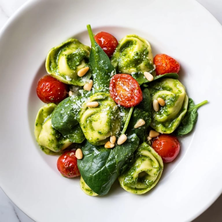 Colorful Pesto Tortellini Salad with juicy cherry tomatoes, fresh spinach, and pine nuts for a refreshing summer meal.