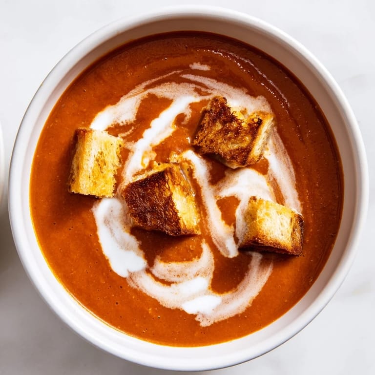 A spoon dips into Roasted Tomato Soup with Grilled Cheese Croutons, revealing the velvety texture and fresh basil garnish, perfect for a comforting family dinner.