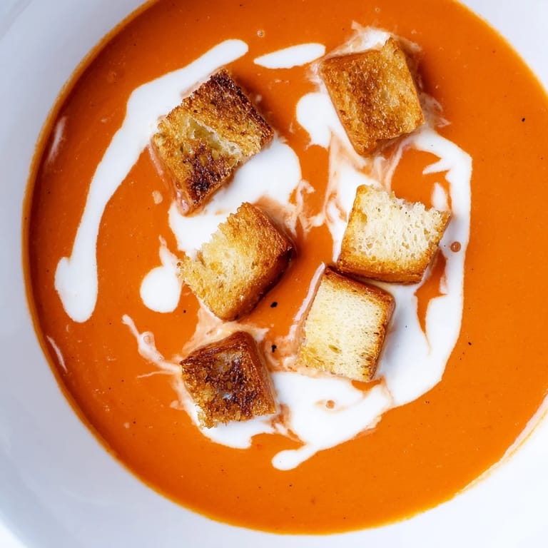 Close-up of Roasted Tomato Soup with Grilled Cheese Croutons, showing crispy bread cubes with melted cheddar, ready to be served alongside a fresh green salad.