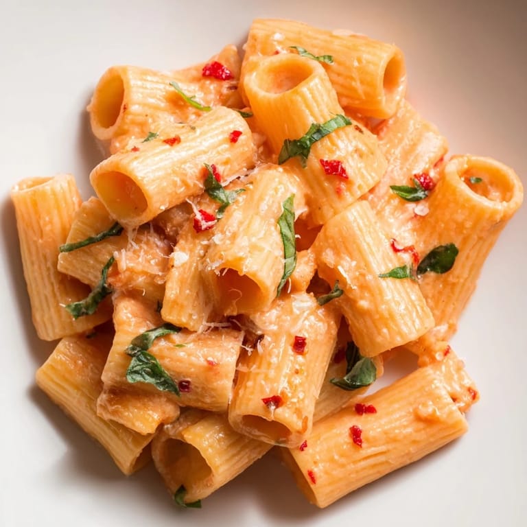 Golden rigatoni pasta tossed in a creamy spicy tomato sauce, served with a glass of white wine.