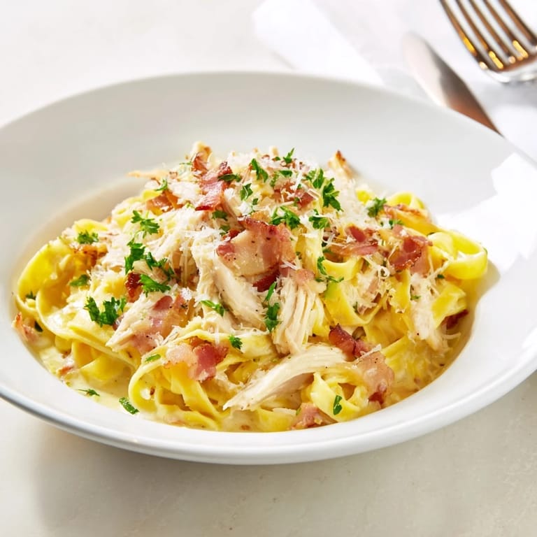 Golden Chicken Carbonara tossed with al dente spaghetti, flecked with crispy bacon and a light dusting of Parmesan.
