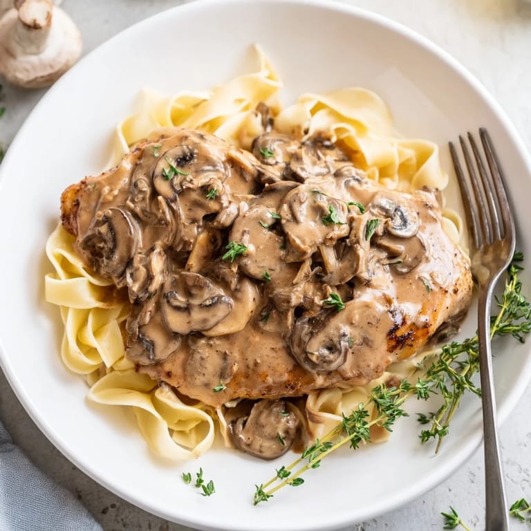 Comforting Italian-American Creamy Chicken Marsala served on pasta, steaming in a rustic skillet.