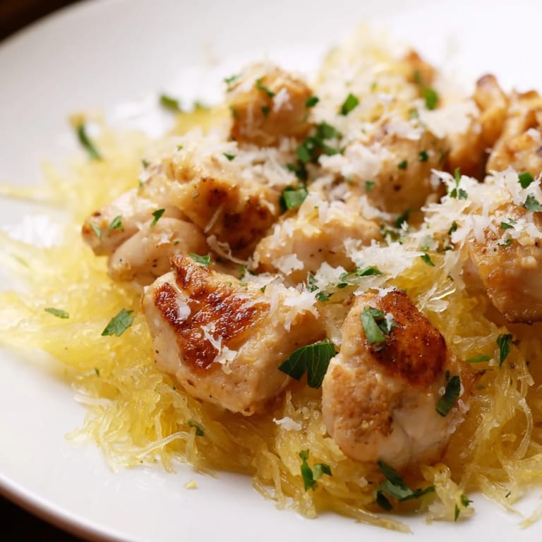 A close-up of juicy, pan-seared lemon garlic chicken nestled on roasted spaghetti squash, finished with a golden sprinkle of Parmesan and lemon wedges.