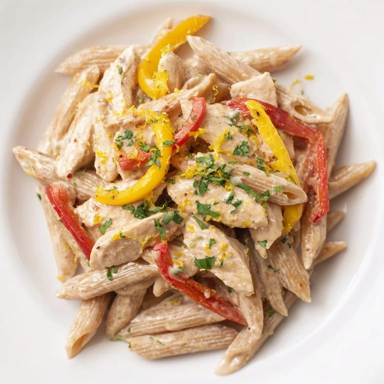 Savory Creamy Cajun Chicken Pasta Lite served warm, featuring a light, spicy sauce and bright lemon zest for balance.