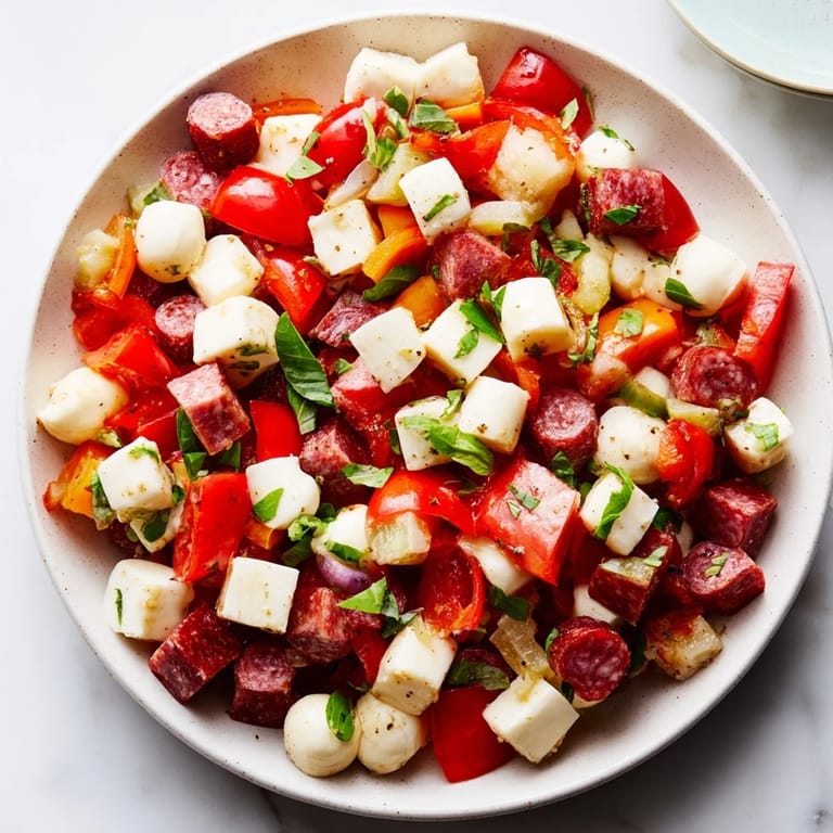 A vibrant bowl of Crunchy Antipasto Chopped Salad featuring chickpeas, olives, and pepperoncini, ready to serve as a light Italian-American appetizer.
