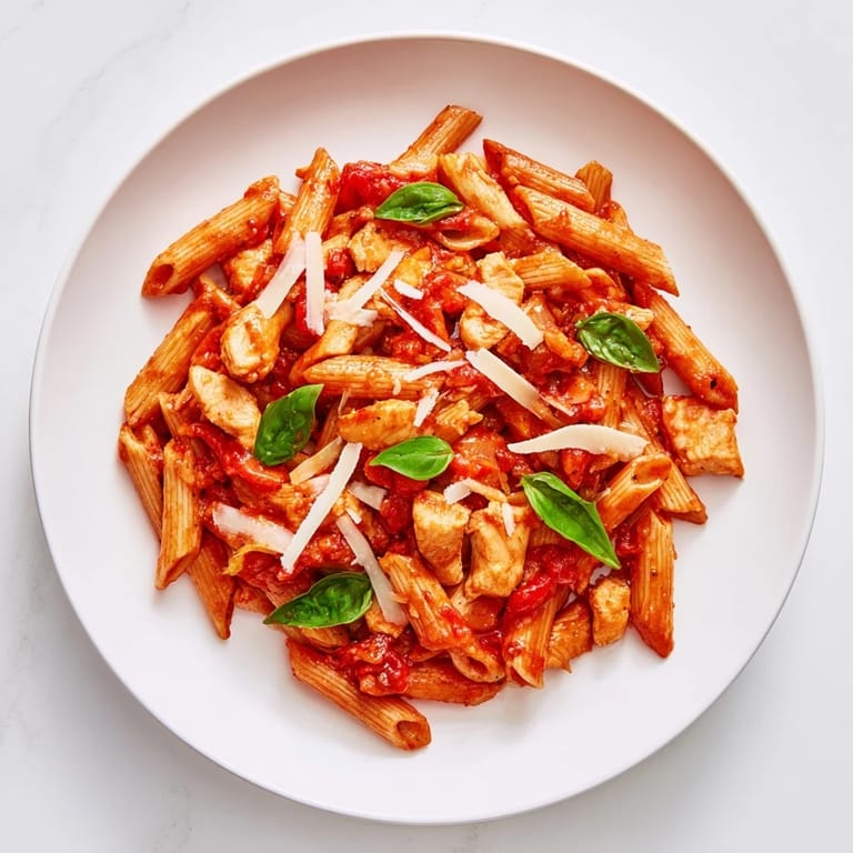 A skillet of finished Tomato Basil Chicken Pasta, ready to be served with a side salad.