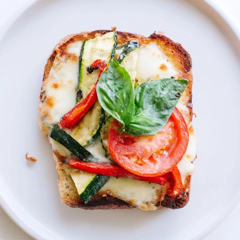 Vibrant open-faced Roasted Veggie Caprese Grilled Cheese on a rustic plate, drizzled with balsamic glaze and garnished with fresh basil.