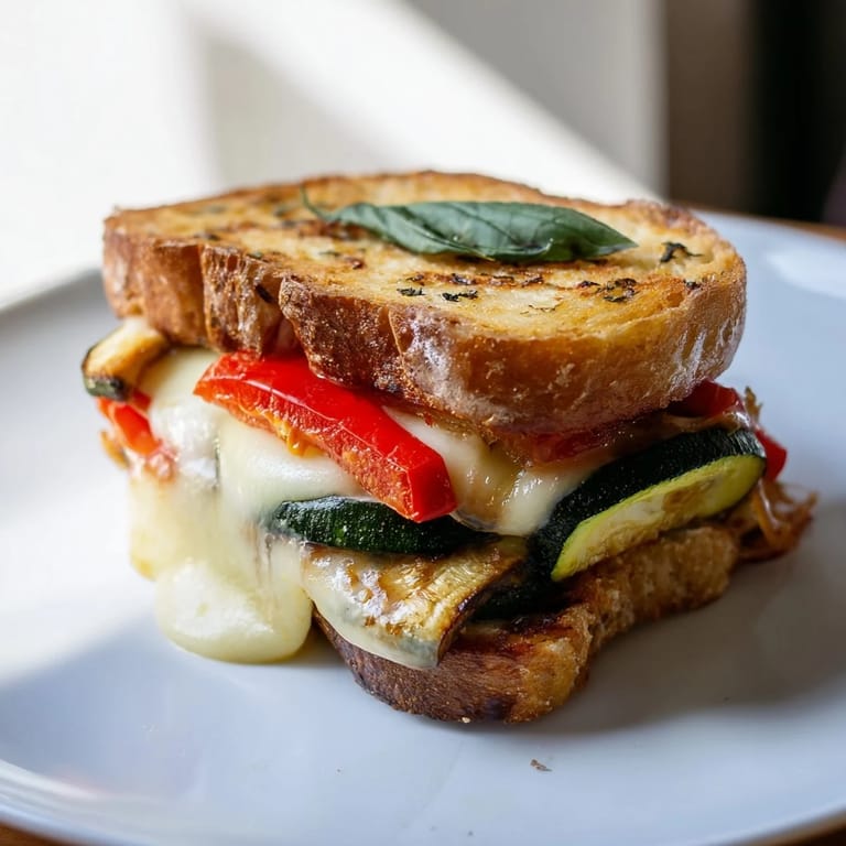 A close-up of a sliced Roasted Veggie Caprese Grilled Cheese, showing layers of fresh tomato, basil, and colorful roasted vegetables.  