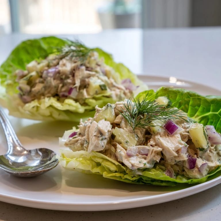 Vibrant close-up of Dill Pickle Chicken Salad Lettuce Cups, showcasing the crunchy celery, juicy pickles, and herb-flecked filling in a fresh green cup.