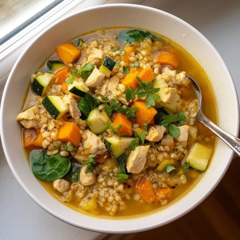 Soothing Turmeric Chicken With Pearl Barley simmers in a pot with diced carrots, celery, and aromatic spices, ready to ladle into rustic bowls.  