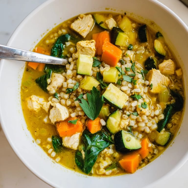 Hearty Soothing Turmeric Chicken With Pearl Barley soup served with a lemon wedge and fresh parsley, perfect for a cozy family dinner.
