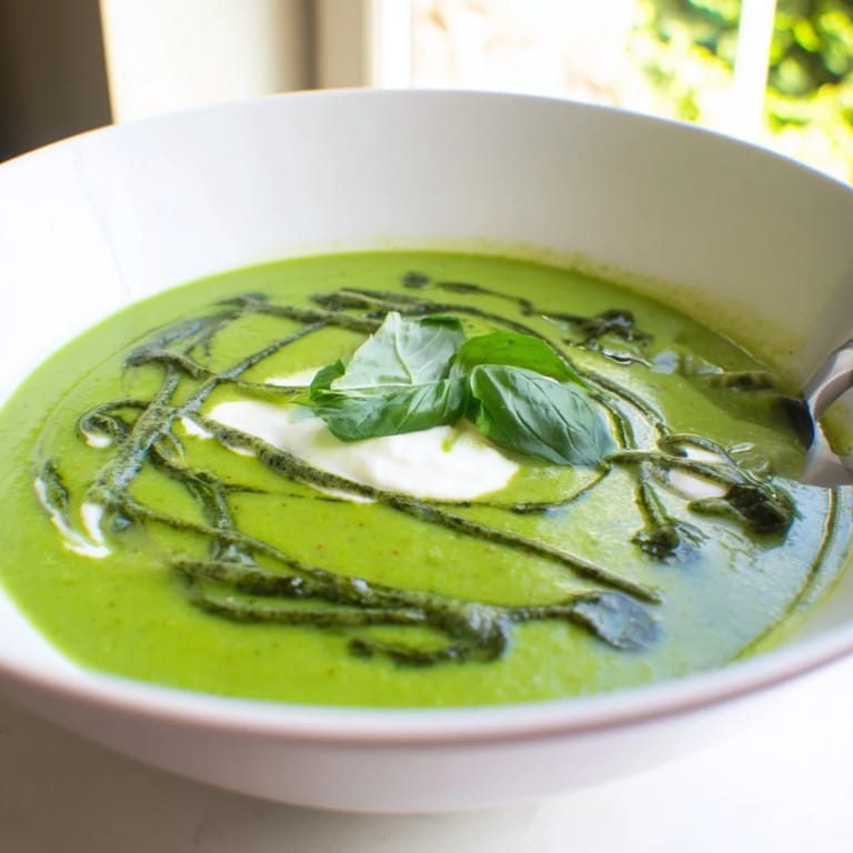 A close-up of Courgette, Pea and Pesto Soup with a dollop of Greek yogurt and fresh basil leaves on top.
