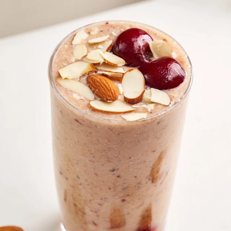 A tall glass of creamy Cherry Almond Smoothie garnished with sliced almonds, ready to serve as a refreshing breakfast treat.