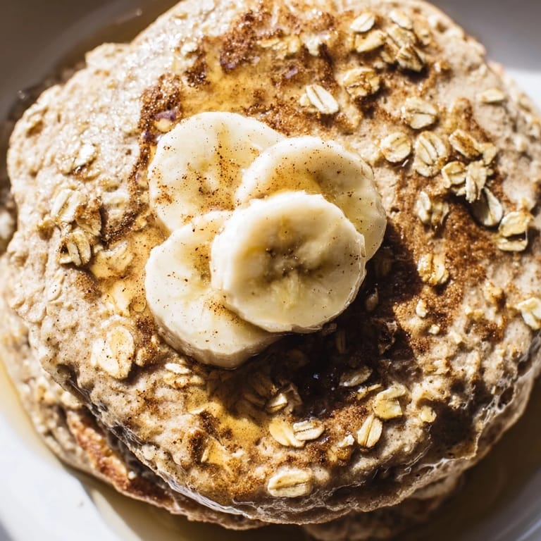 Whole grain Banana Oat Pancakes with a golden edge, garnished with sliced bananas and a pat of butter melting on top.