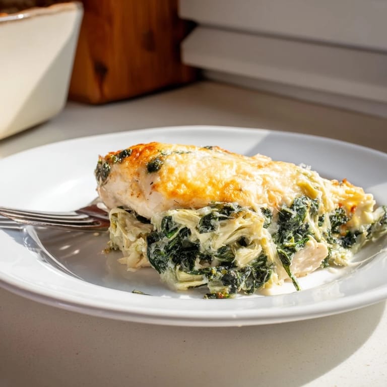Fresh spinach and chopped artichoke hearts blend with Greek yogurt and cheese in this comforting, high-protein weeknight main dish.  