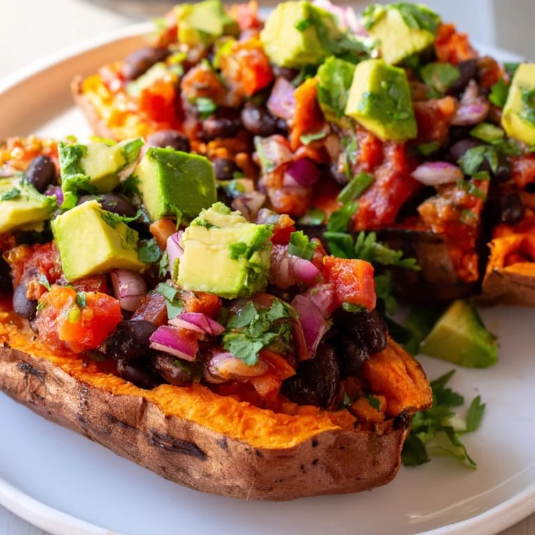 A hearty serving of roasted sweet potatoes piled high with smoky chipotle black beans and vibrant tomato salsa.