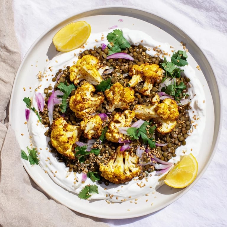 A close-up view of the roasted cauliflower and lemon lentil salad drizzled with cumin-tahini yogurt.