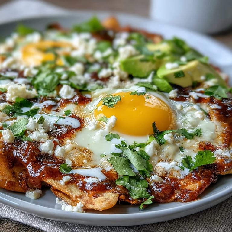 Freshly prepared chilaquiles with golden fried tortillas, avocado, red onion, cilantro, and a dollop of sour cream.