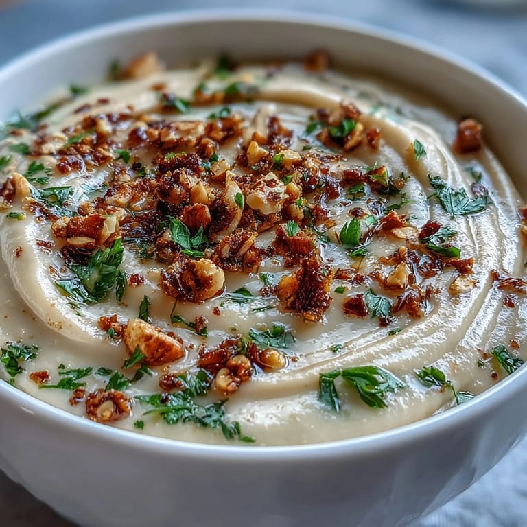 Silky smooth Celeriac Soup With Hazelnut Crumble topped with toasted nuts and fresh parsley.