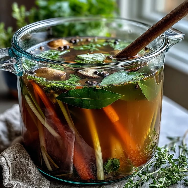 Golden ladle pouring freshly made Vegetable Broth From Scraps into a glass jar, with roasted vegetable scraps nearby on a tray.