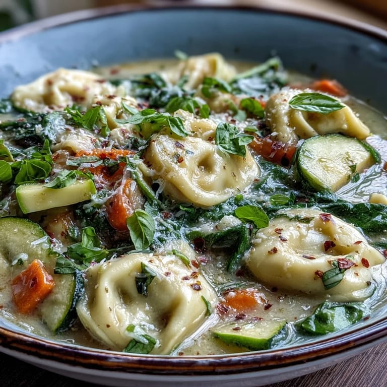 A ladle pours creamy vegetable tortellini soup into a white bowl. 