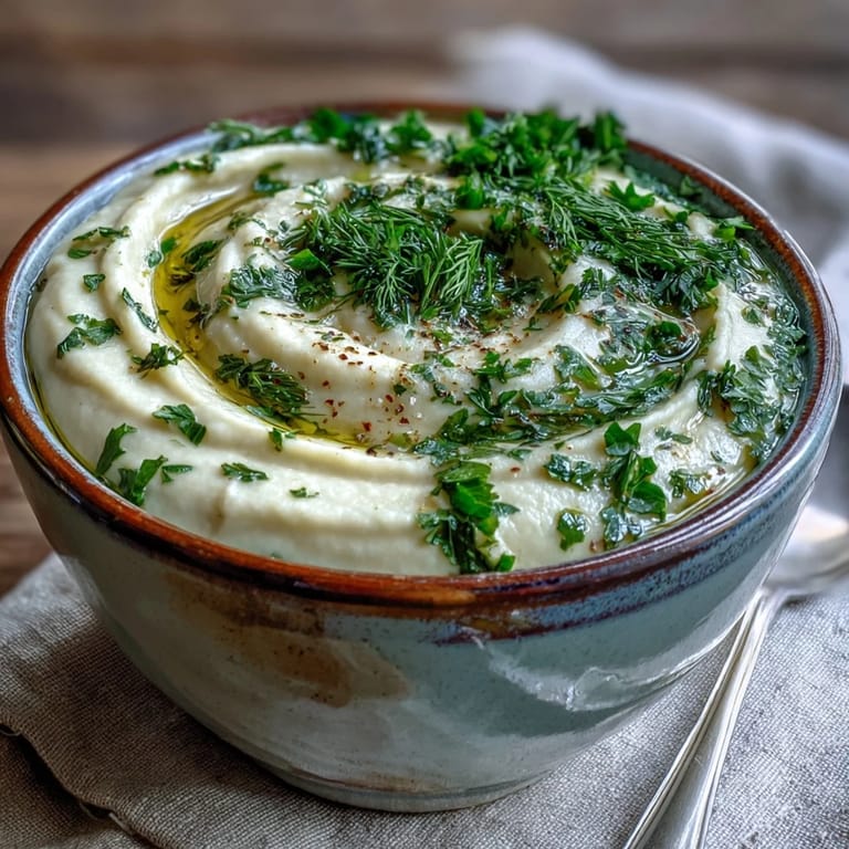 A spoon dips into silky Parsnip and Herb Soup, served hot with crusty bread for dipping.
