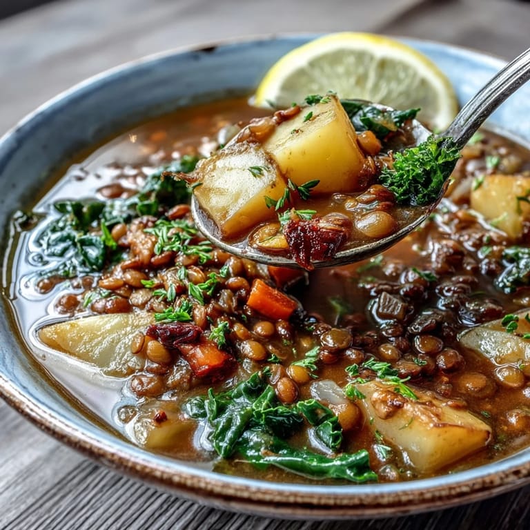 Serving of warm vegetarian lentil stew in a white bowl, garnished with kale and a lemon wedge, beside crusty artisan bread for dipping.