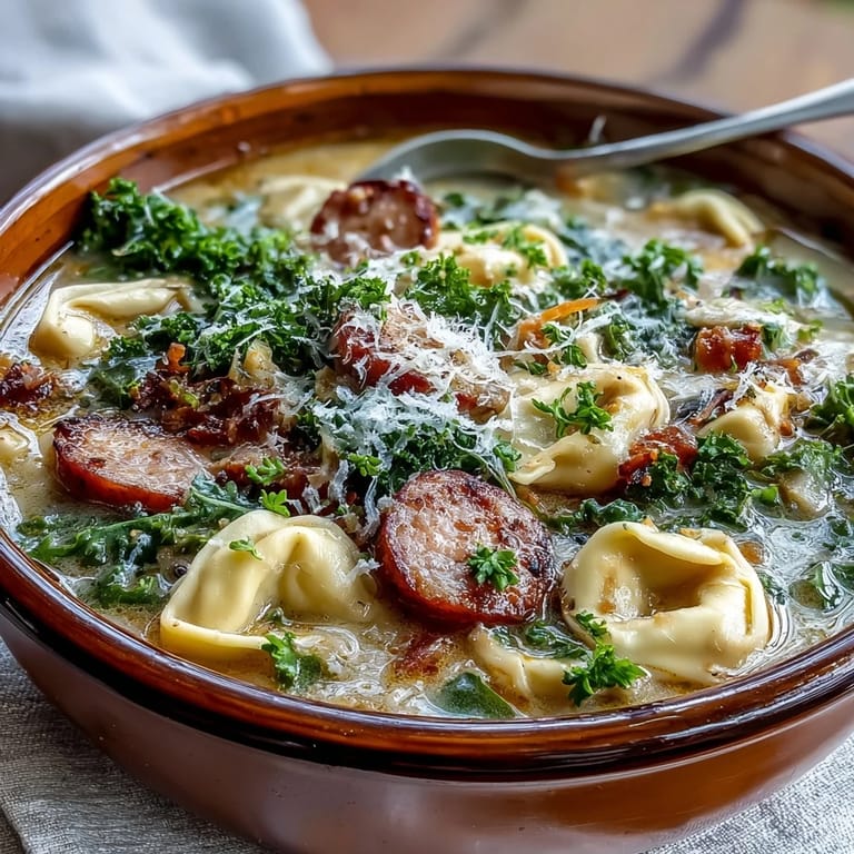 Hearty pumpkin tortellini soup with chicken sausage and kale beside a slice of crusty bread.