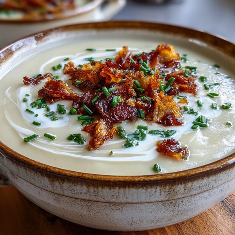 Spoons ready, this Creamy Celeriac Soup with Crispy Bacon features velvety texture, bacon crumbles, and a drizzle of cream.