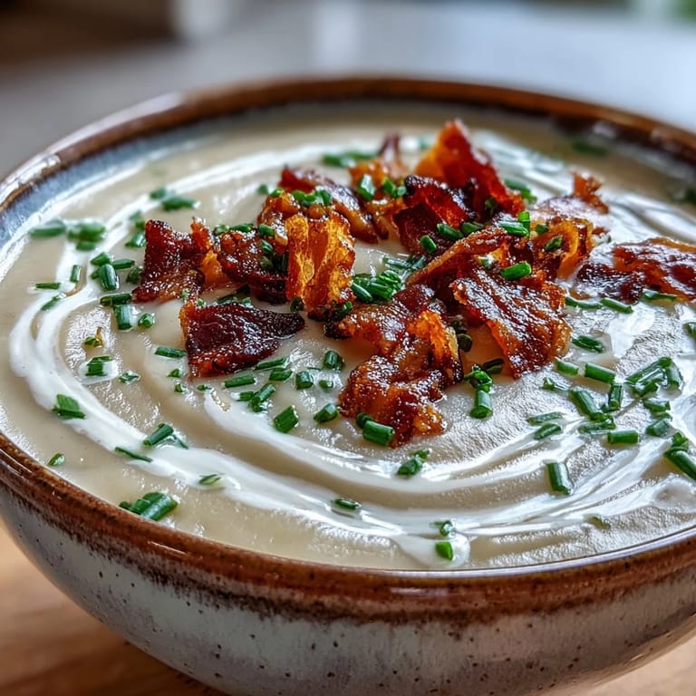 A rustic wooden table holds a pot of Creamy Celeriac Soup with Crispy Bacon, garnished for a cozy dinner.