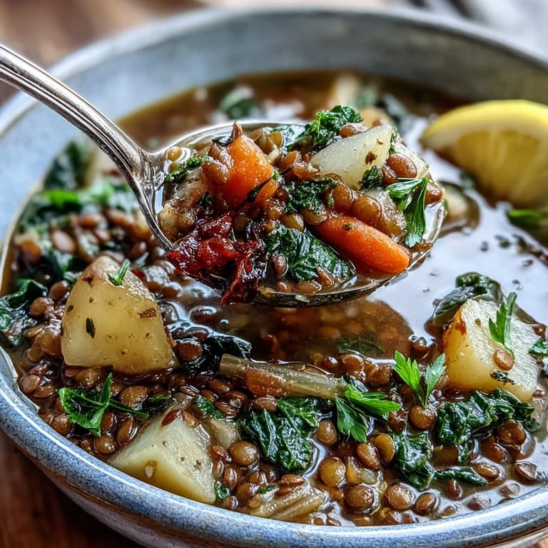 Steaming pot of vegetarian lentil stew on a stovetop, featuring diced potatoes, red bell peppers, and a bay leaf in rich tomato broth.