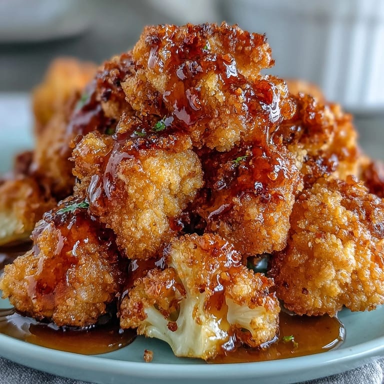 A close-up of Crunchy Baked Hot Honey Cauliflower bites with a crispy panko crust and red pepper flakes.
