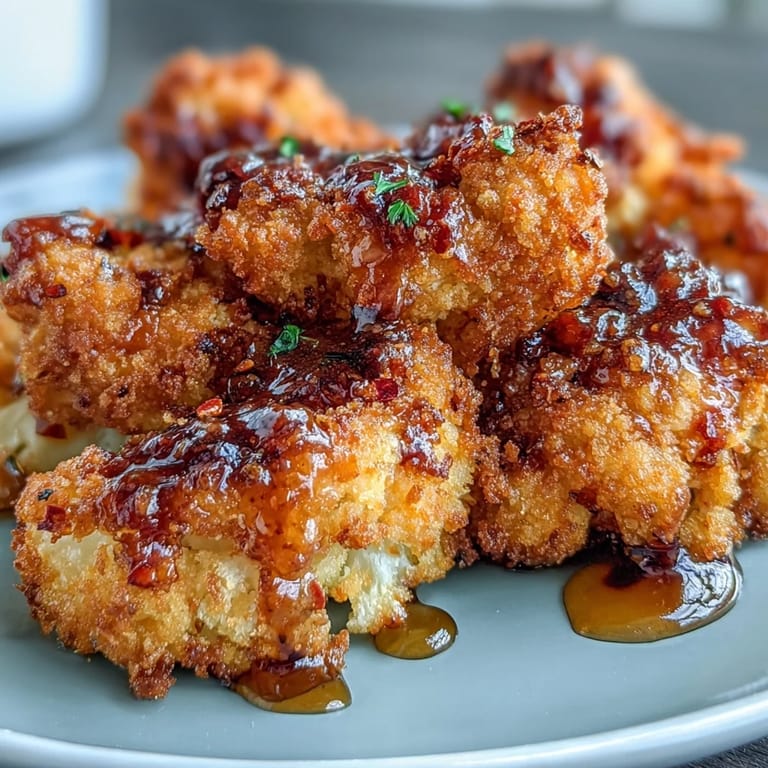 Freshly baked Crunchy Baked Hot Honey Cauliflower tossed in a warm glaze, garnished with herbs for serving.