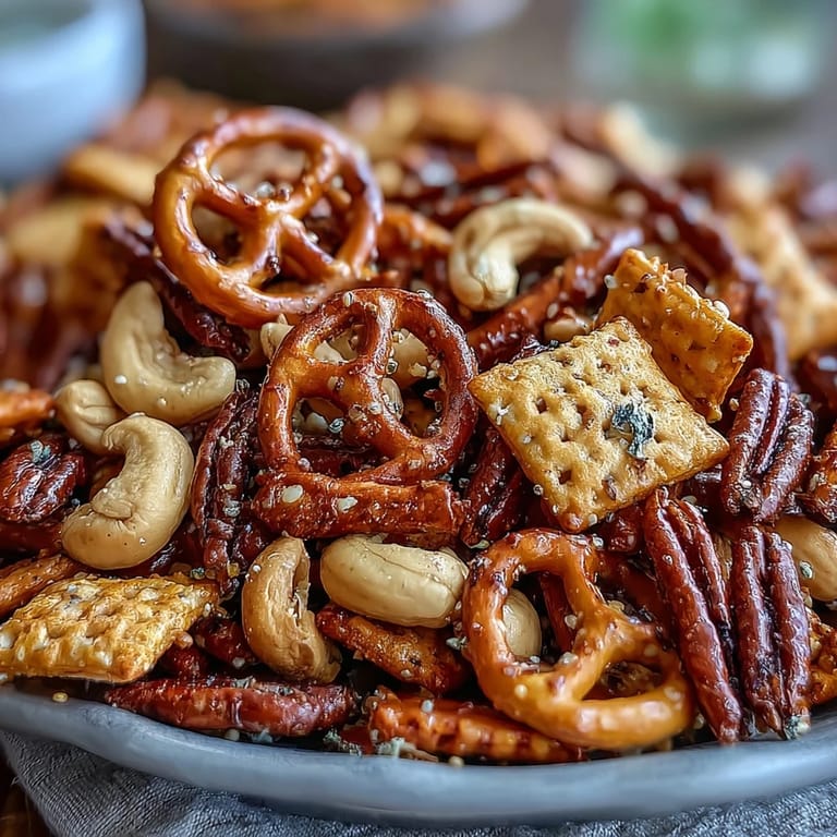 A close-up of Everything Ranch Cheese and Pretzel Snack Mix on a platter, with melted butter glaze, everything bagel seasoning, and savory rye chips.