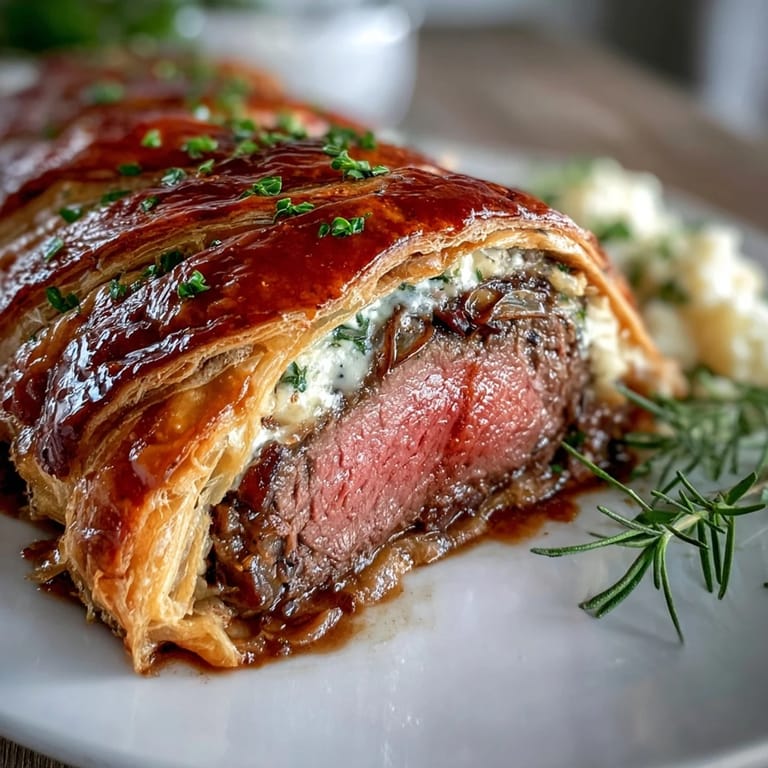 A beautifully baked Beef Wellington with crisp, golden-brown pastry brushed with egg wash, resting on parchment, showcasing its impressive, restaurant-quality crust before slicing for a celebratory meal.