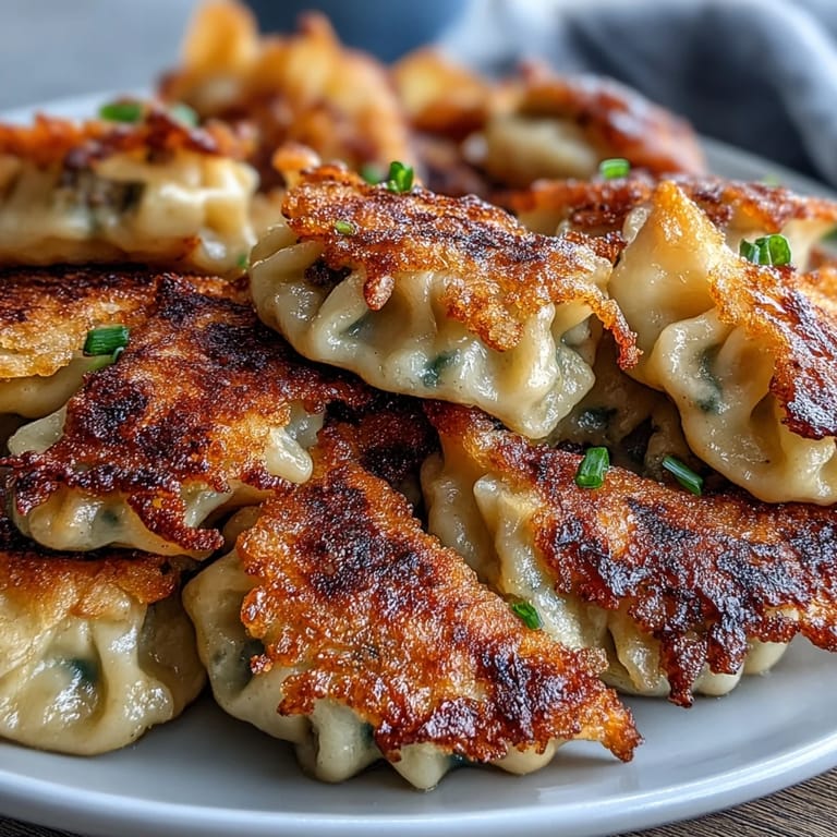 Golden-bottomed Smash Dumplings sizzling in a skillet, ready to be smashed for extra crispiness.  